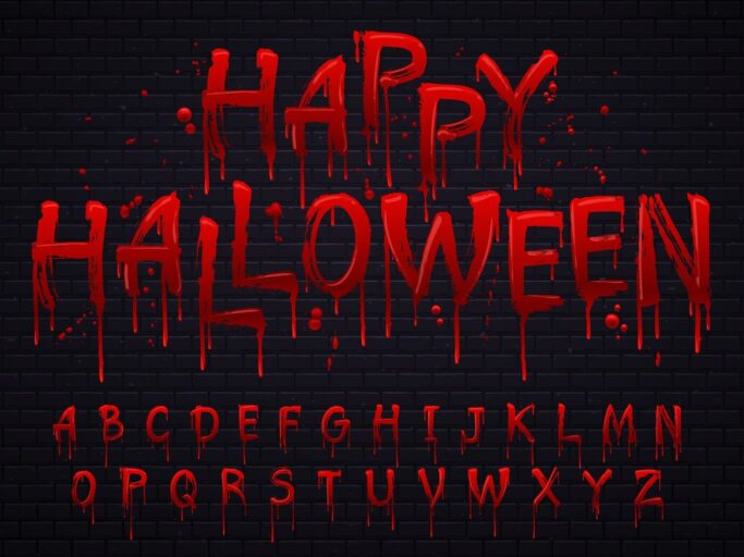 Halloween font. Horror alphabet letters written blood, scary bleed font or wet bloody sign isolated vector illustration